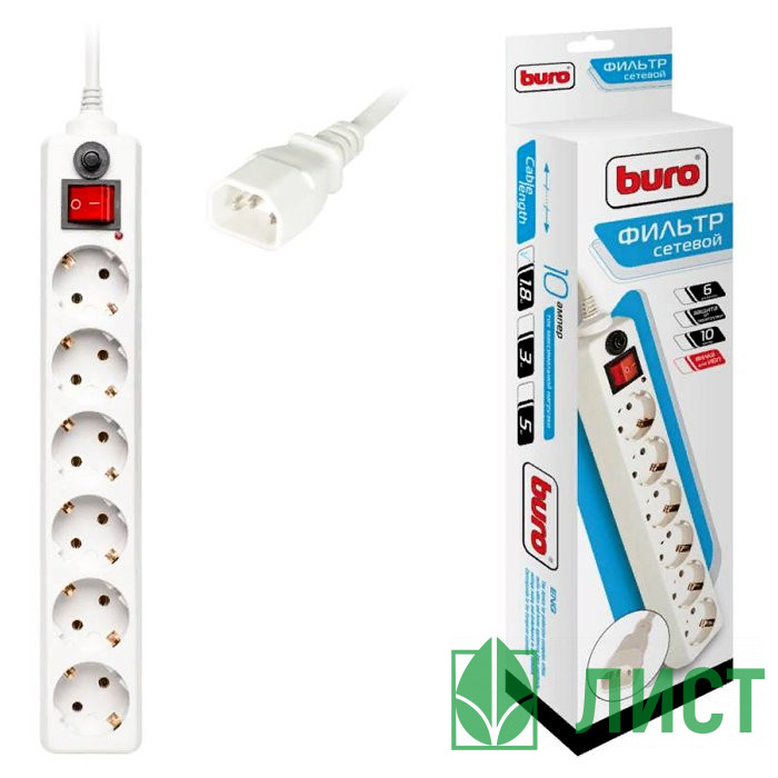 Сетевой фильтр BURO 600SH-1.8-UPS-W, 1.8м, белый ( 6 розеток)