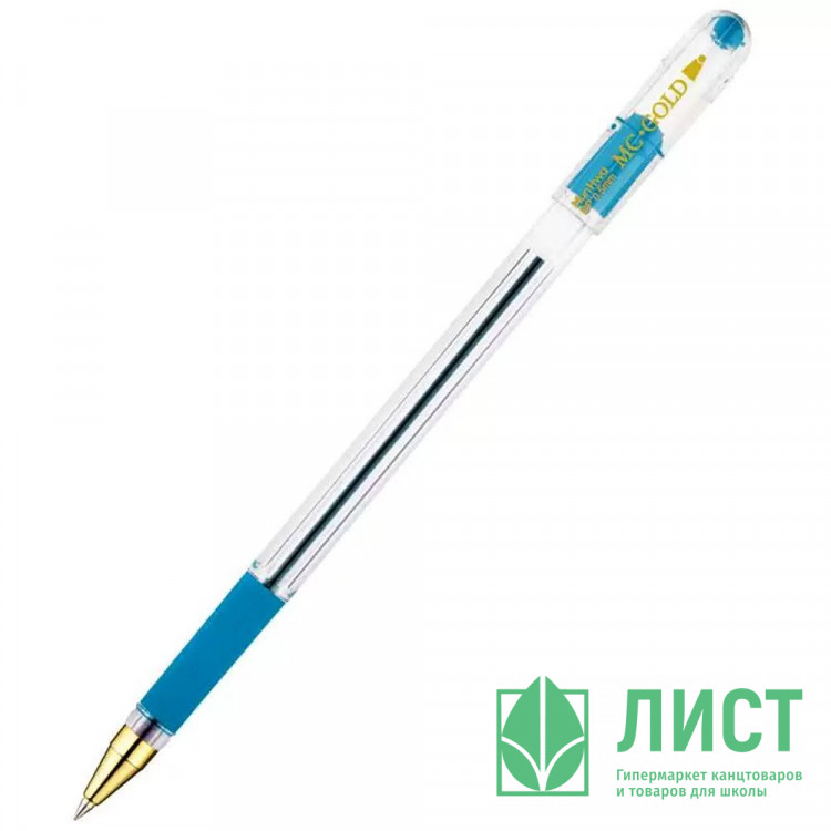 Ручка шариковая  прозрачный корпус  резиновый упор (MC Gold) голубая