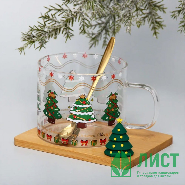 Кружка стеклянная 280мл "Ёлочка" на бамбуковой подставке с ложкой, п/уп. арт.891-0617