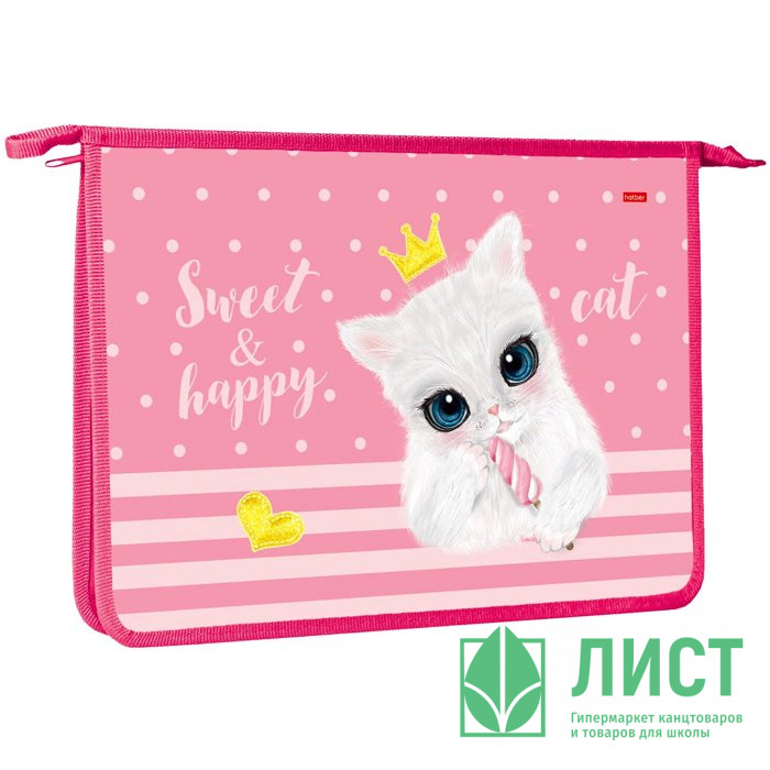 Папка школьная для тетрадей А4 на молнии 1отделение (Hatber) Кошечка с мороженым арт. AMc_23042