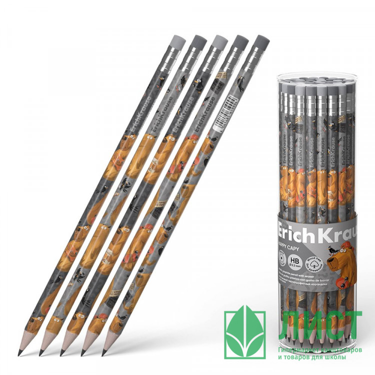 Карандаш чернографитный  ErichKrause с ластиком  Happy Capy НB круглый, ассорти арт.61999 (Ст.42)