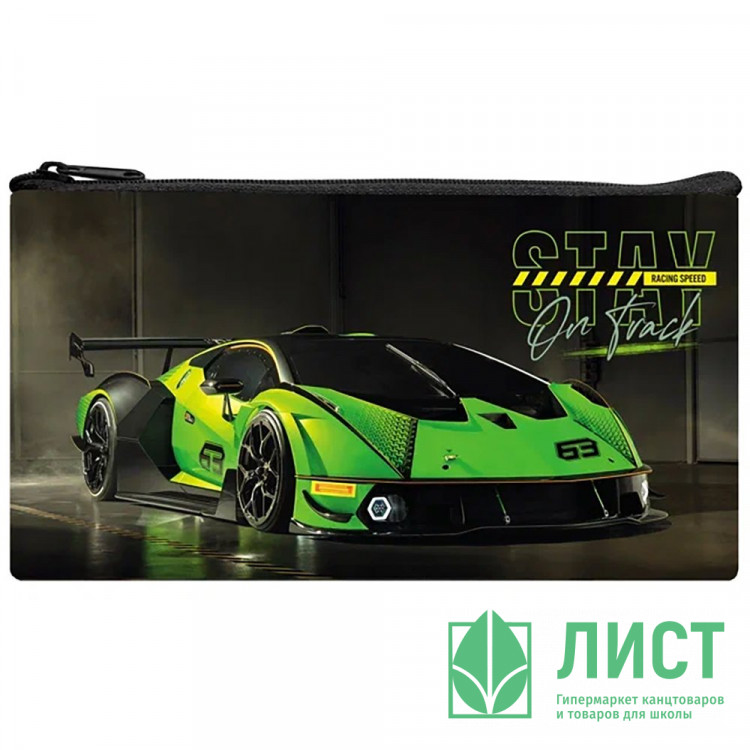 Пенал-косметичка 1 отделение плоский (Оникс) ПМП 01-20 Зелёное авто 205х108мм мягкий