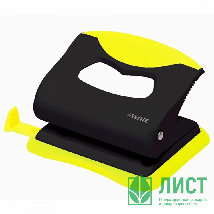 Дырокол (20л) deVENTE пластиковый с каучуковой вставкой, с линейкой Монохром (Monochrome) черн+жел арт.4020006