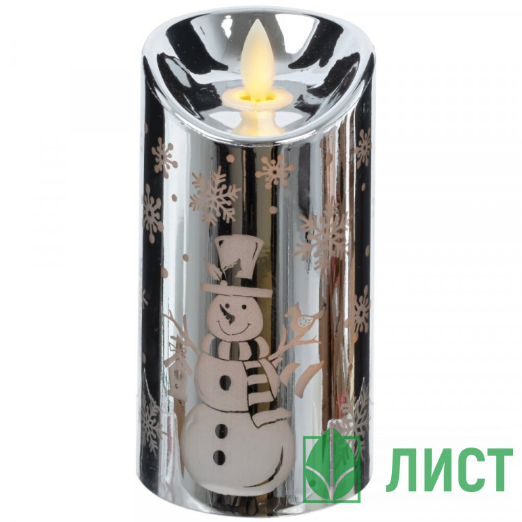 Свеча LED на батарейках (3*LR44) "Снеговик" 09*4,7см цв.серебро арт.812890 (Ст.12)