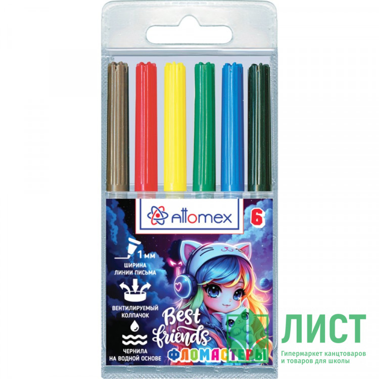 Фломастеры Attomex Лучшие друзья (Best Friends) 6 цветов вентилируемый колпачок, пластиковый блистер арт.5080618