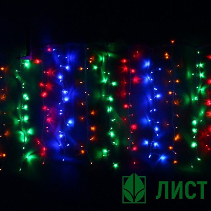 Гирлянда электрическая уличная занавес Дождь 1,5*2,5м 360LED цвет мульти (светлый провод) 8режимов арт.196-502