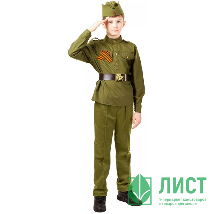 Костюм для мальчика Солдат (гимнастерка,брюки,пилотка,ремень,георгиевская лента) р.38(146) хлопок арт.2130 к-21-38-146