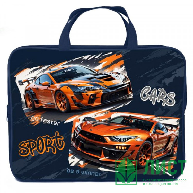 Папка А4 текстиль на молнии ручка-тесьма широкая боковинка Оникс  Спорткары арт.ПМД 4-20