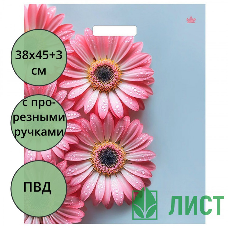 Пакет ПВД прорезная ручка 38*45+3 60мкм Герберы шанис