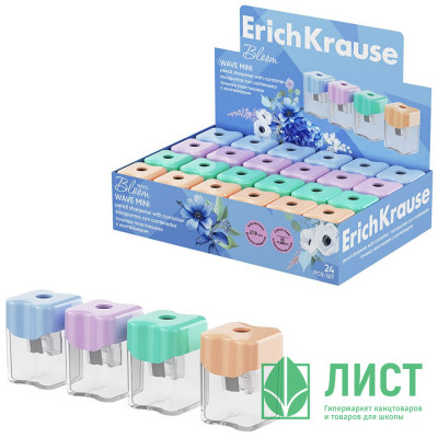 Точилка пластиковая ErichKrause Wave Mini, Pastel Bloom, с контейнером, ассорти арт.60044 Точилка пластиковая ErichKrause Wave Mini, Pastel Bloom, с контейнером, ассорти арт.60044