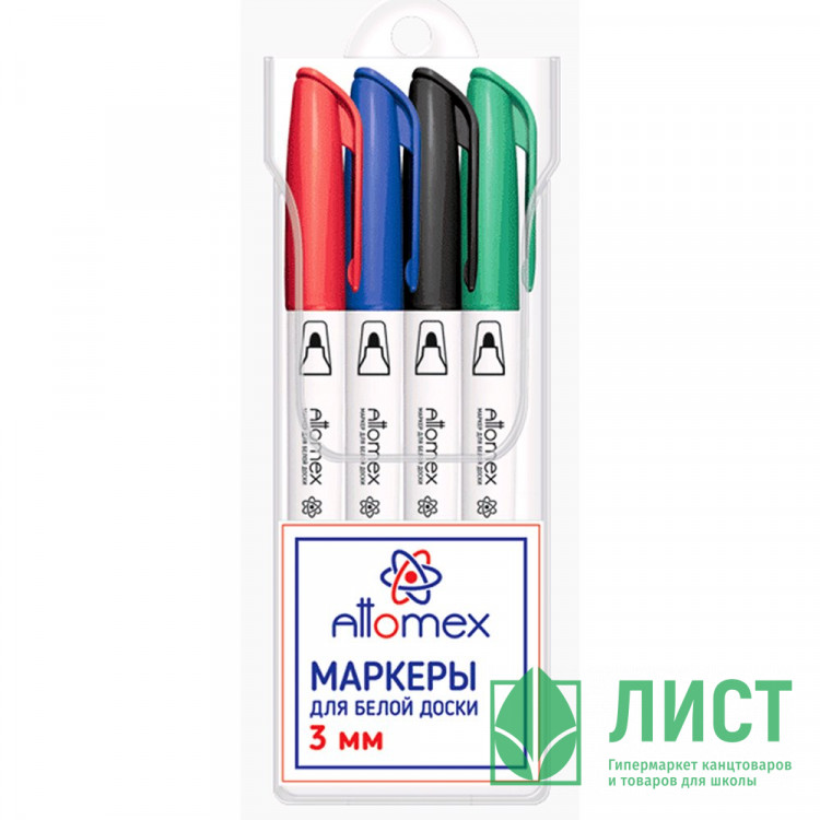 Маркер для доски Attomex набор 4цв. (красный/синий/черный/зеленый) 3мм, арт.5040705